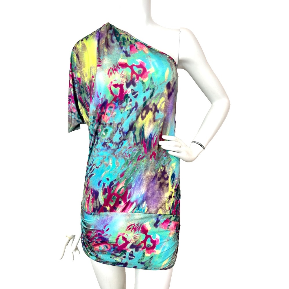 Vintage 90s Linda Segal Navici Dress Small One Shoulder Abstract Watercolor Y2K